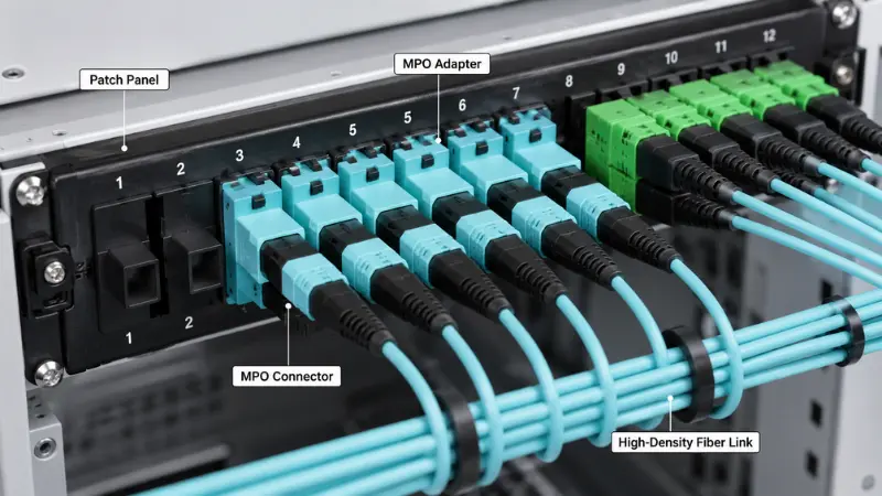 MPO adapter mounted in a high-density fiber patch panel with MPO connectors and labeled network components.
