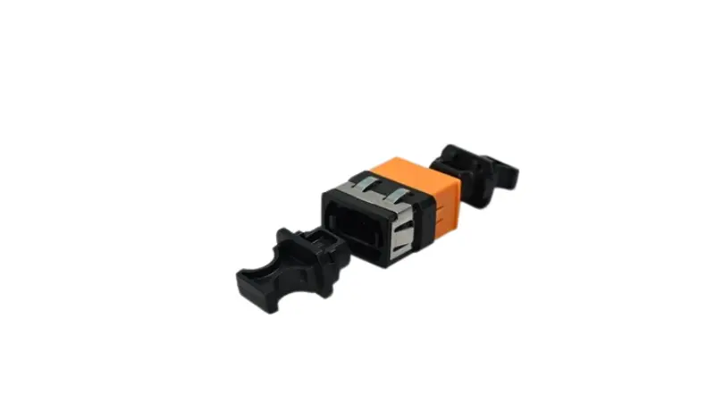 Comparison of an MPO adapter and an MPO connector showing the adapter as a panel-mounted coupler and the connector as the cable-end component.