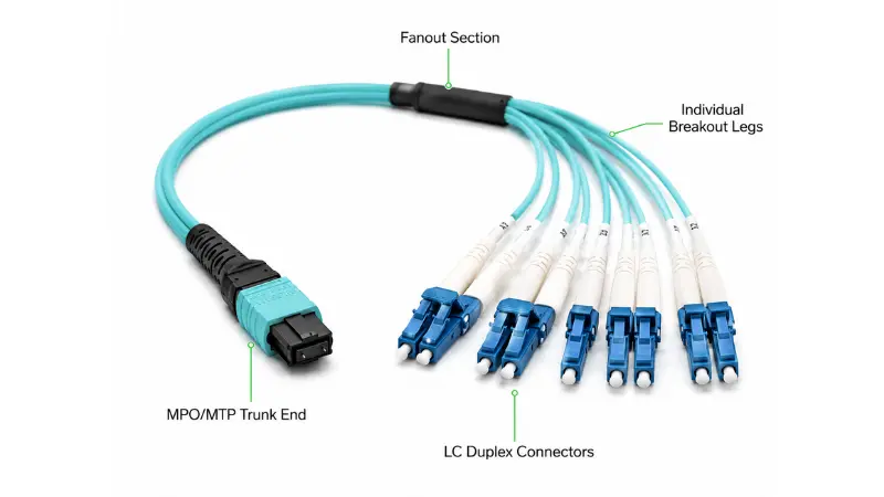 MPO to LC breakout cable structure showing MPO trunk end, fanout section and LC duplex connectors MPO to LC breakout cable structure showing MPO trunk end, fanout section and LC duplex connectors